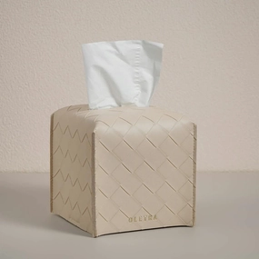 OLETHA Square Tissue Box Cover, Set of 2 - Aesthetic Tissues Cube Boxes Holder - Desk Decor for Room, Home & Office - Woven Textured, Light Taupe