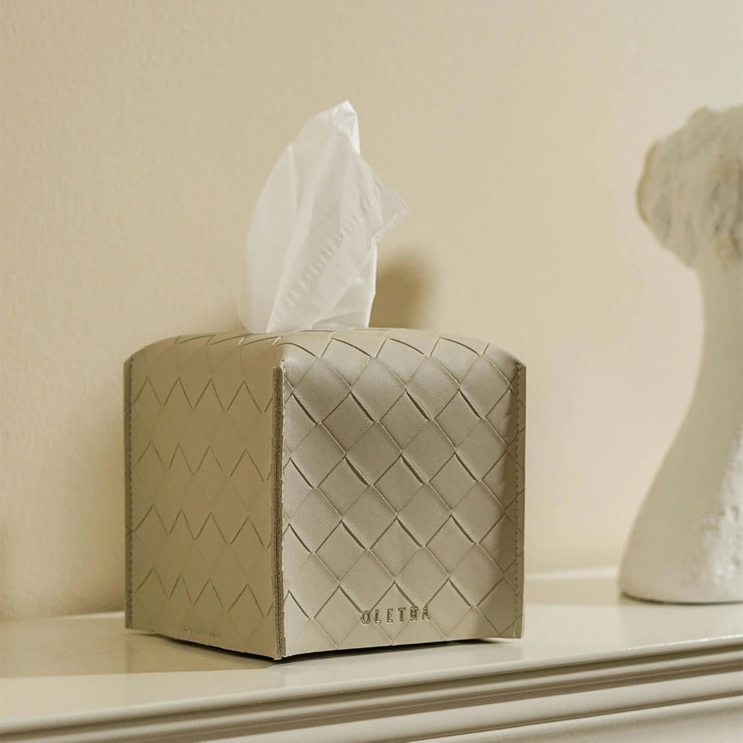 OLETHA Square Tissue Box Cover, Set of 2 - Aesthetic Tissues Cube Boxes Holder - Desk Decor for Room, Home & Office - Woven Textured, Light Taupe