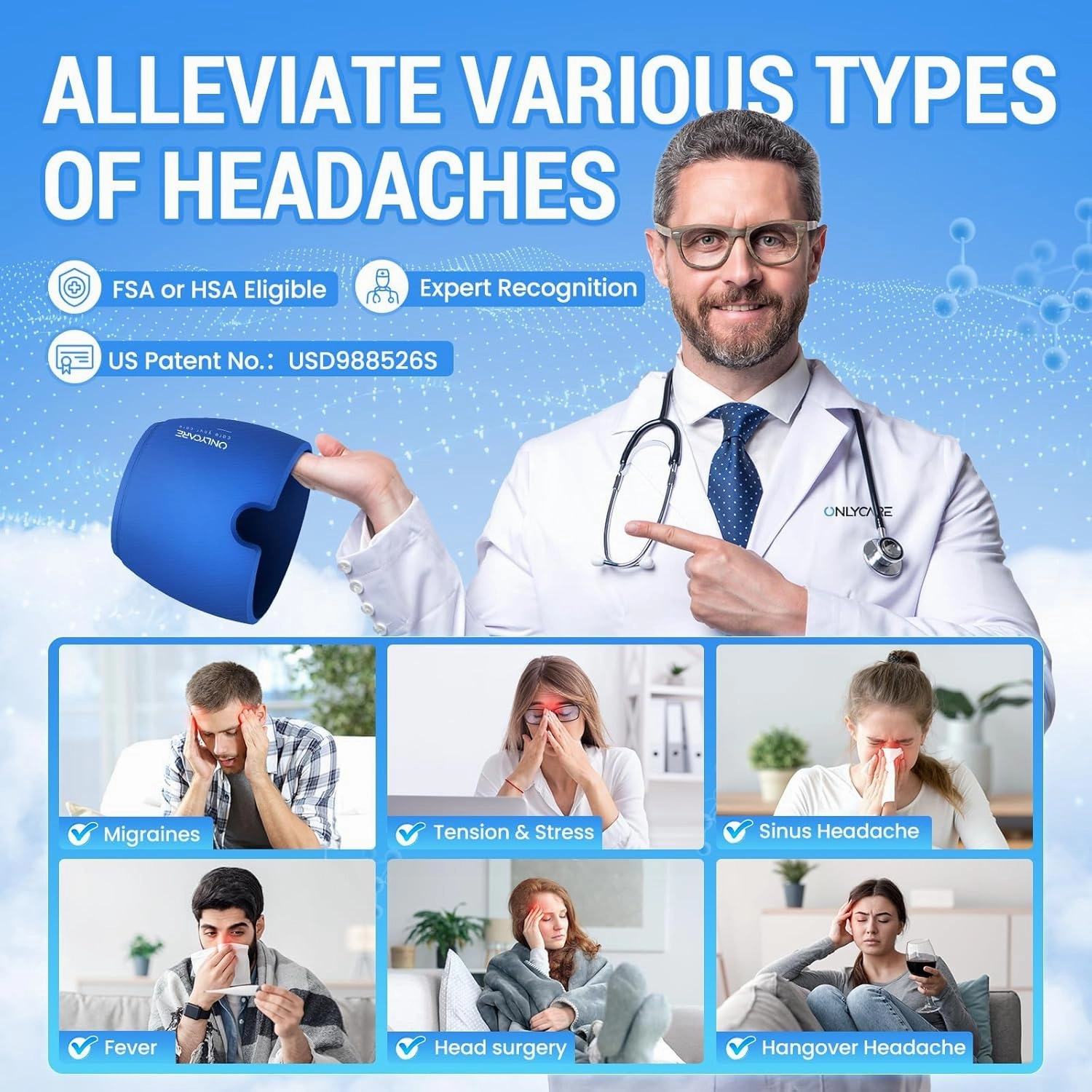 ONLYCARE Migraine Relief Cap, Soothing Headache Hat, Upgraded Odorless Gel Ice Head Wrap, Hot and Cold Therapy, Headache Ice Pack for Tension and Stress(Blue)