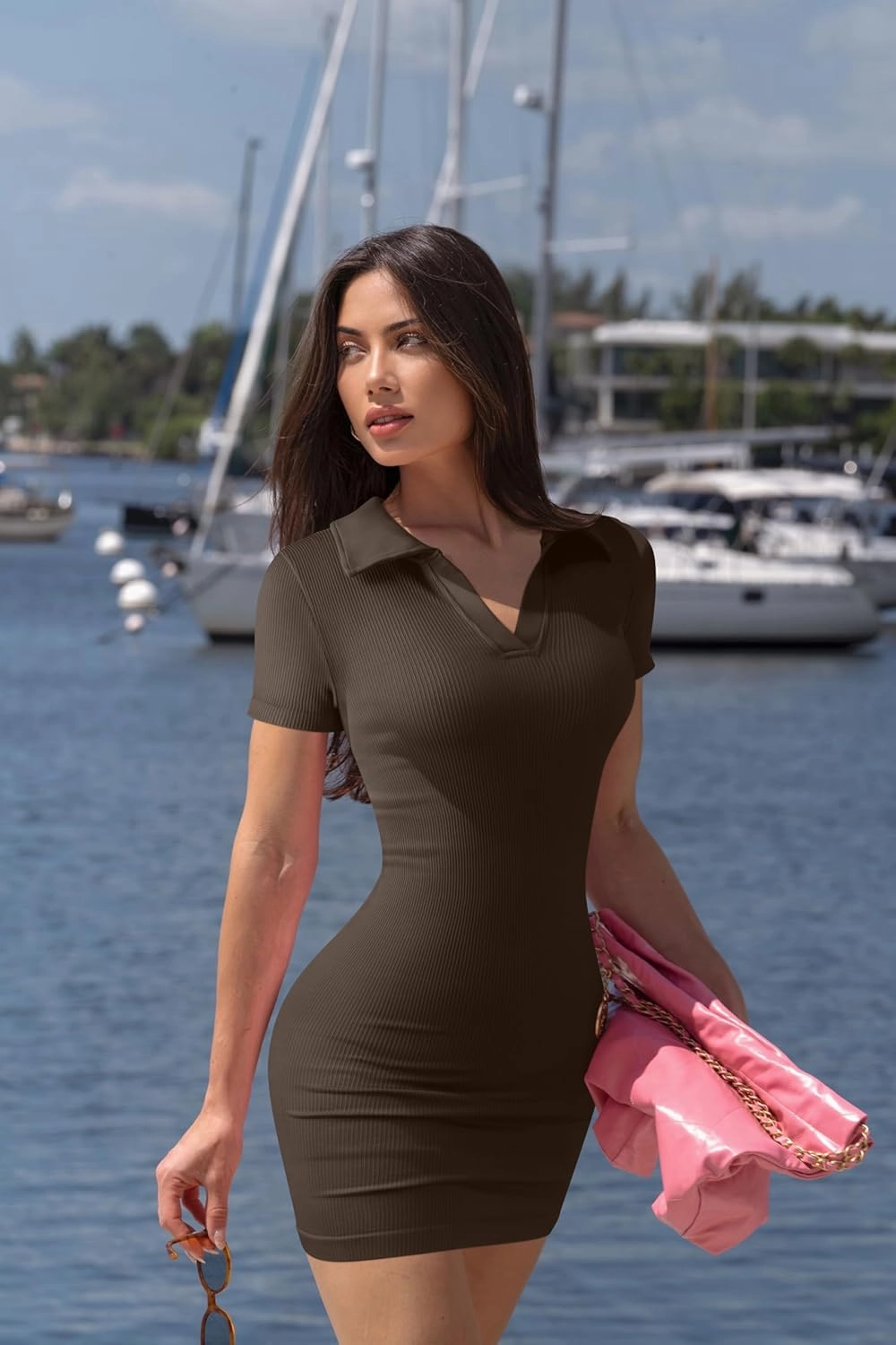 OQQ Women's Mini Dresses Sexy Ribbed Short Sleeve Tummy Control Bodycon Mini Dress