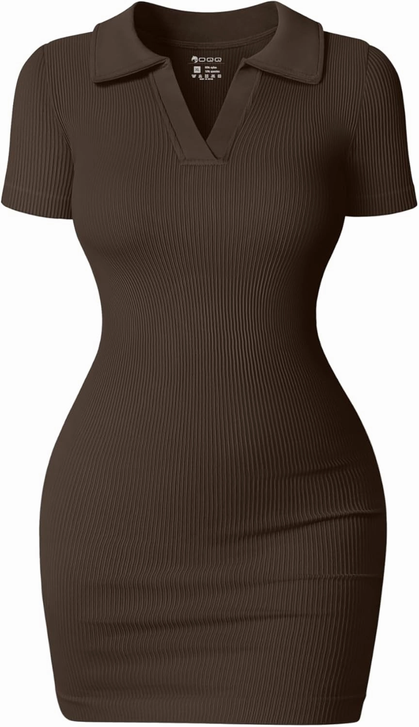 OQQ Women's Mini Dresses Sexy Ribbed Short Sleeve Tummy Control Bodycon Mini Dress