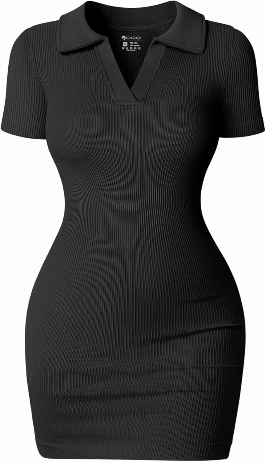 OQQ Women's Mini Dresses Sexy Ribbed Short Sleeve Tummy Control Bodycon Mini Dress