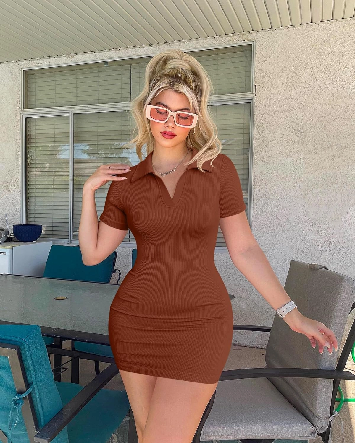 OQQ Women's Mini Dresses Sexy Ribbed Short Sleeve Tummy Control Bodycon Mini Dress
