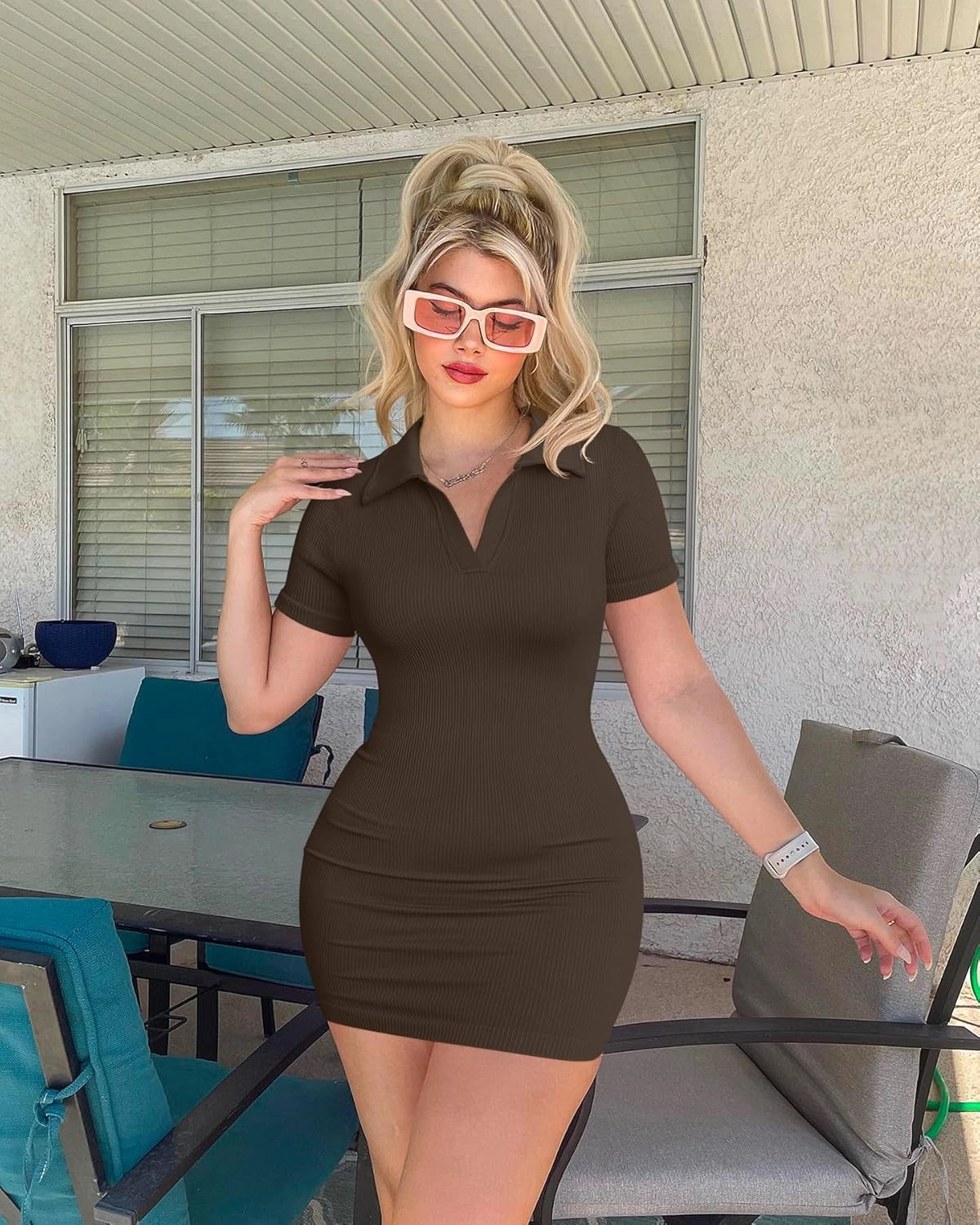 OQQ Women's Mini Dresses Sexy Ribbed Short Sleeve Tummy Control Bodycon Mini Dress