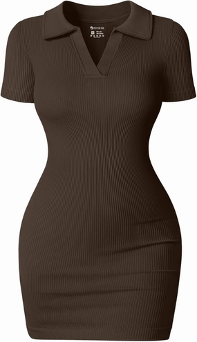 OQQ Women's Mini Dresses Sexy Ribbed Short Sleeve Tummy Control Bodycon Mini Dress