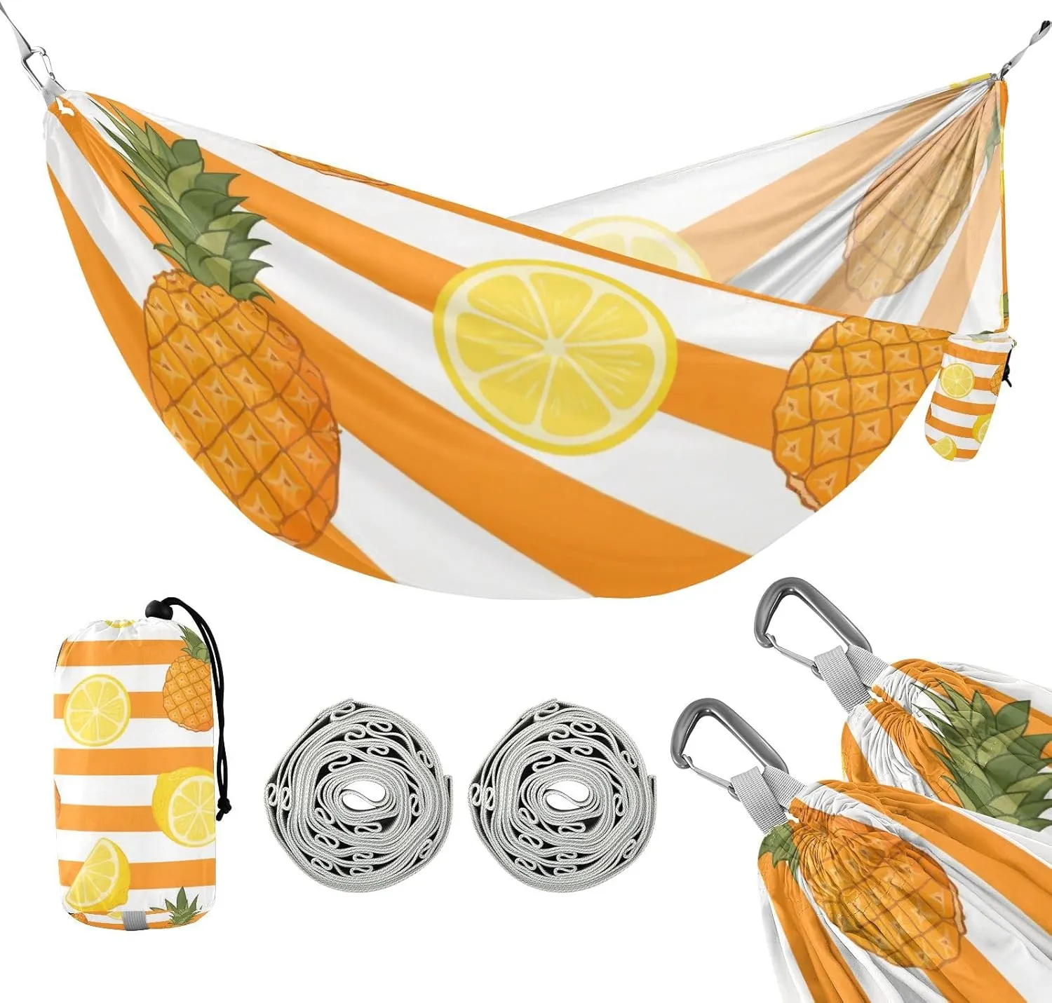Orange White Stripe Summer Fruit 330lb Capacity Outdoor Hammock with Tree Straps Backyard Hammock for Camping Travel Accessories Bases para hamacas para adultos