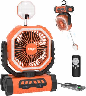 Outdoor Camping Fan with Light, 20000mAh Battery Powered, Rechargeable Portable Fan with 360° Rotating Hook, 4 Speeds for Indoor, Traveling, Tenting, RVing, Fishing, Beach (Orange)