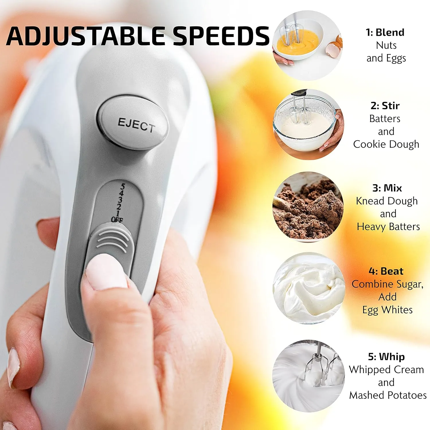 OVENTE 5-Speed Electric Hand Mixer with Stainless Steel Mixing Whisk, Snap-On Storage Case, Portable & Lightweight 150W Motor, Compact Handheld Mixer for Baking, Blending or Cooking, White HM151W