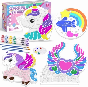 Paint Your Own Stepping Stones Painting Kit for Kids, Unicorn Craft Kits Boys & Girls Ages 3-12, Castle Heart Airplane Rainbow DIY Outdoor Garden Art & Craft Ceramic Painting Set 5-Pack
