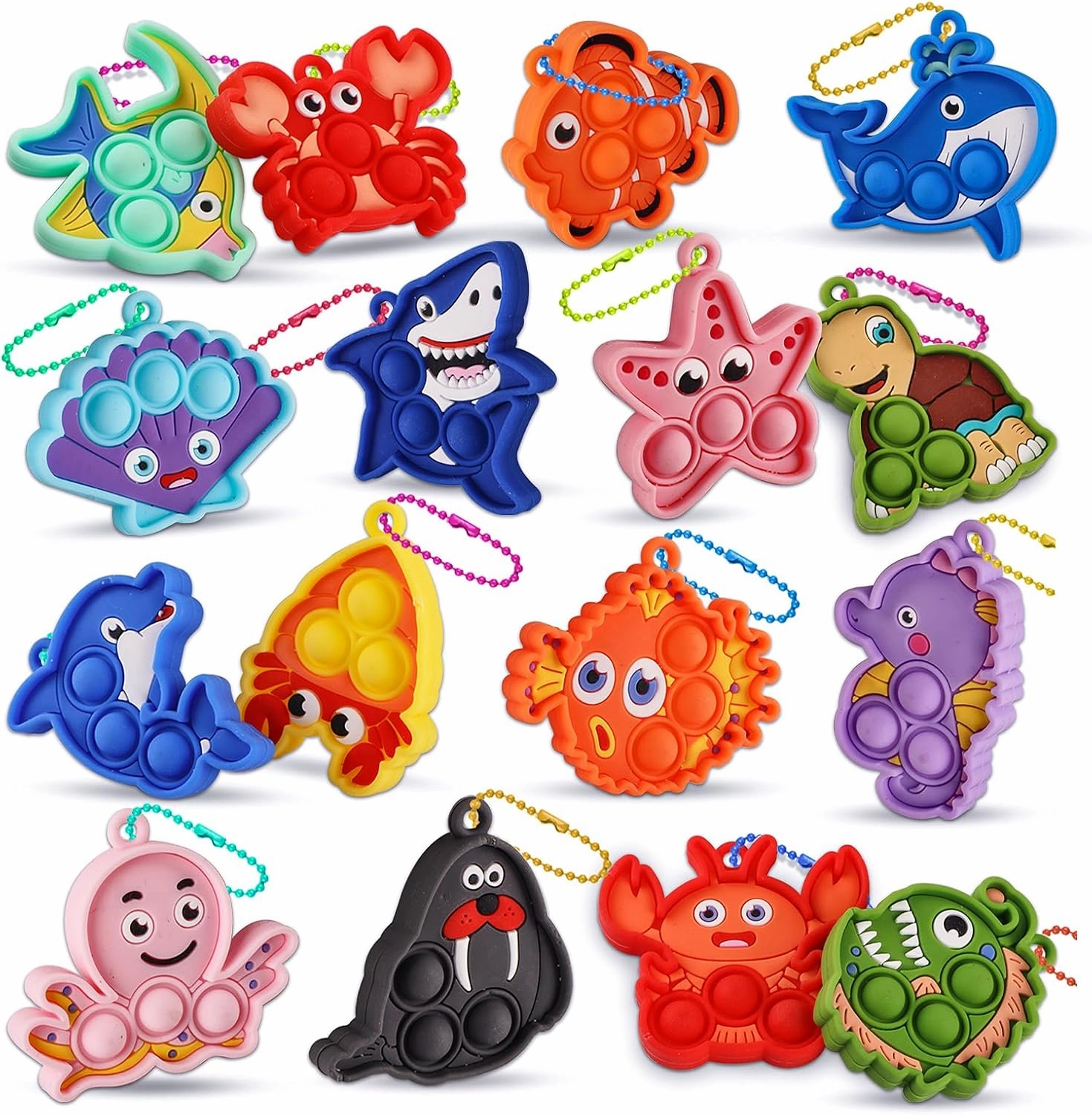 Party Favors for Kids 16PCS Sea Animal Sensory Toys, Mini Pop Fidget Toys Keychain for Kids, Goodie Bag Stuffers, Carnival Birthday Gifts, Classroom Prizes