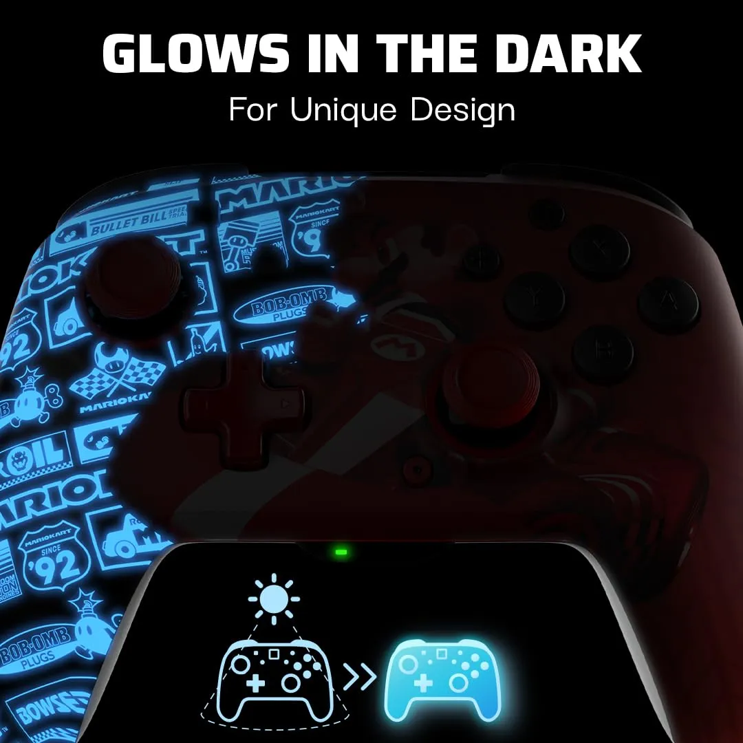 PDP REMATCH GLOW Wireless Nintendo Switch Pro Controller, Full Motion Controls – Licensed for Nintendo Switch & Switch Lite & OLED Model, Rechargeable Battery Power, Glow in the Dark: Grand Prix Mario
