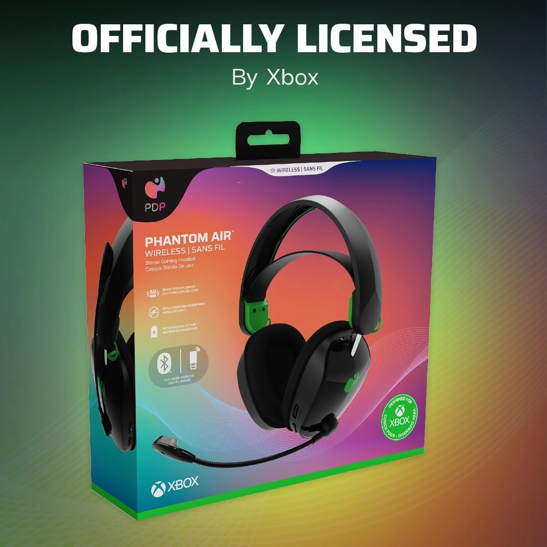 PDP Phantom Air Dual-Mode Wireless Gaming Headset for Xbox Series X|S, Xbox One, PC - Bluetooth, Rechargeable 35-Hour Battery, 50mm Drivers, On-Ear Headphone Controls, Officially Licensed: Black