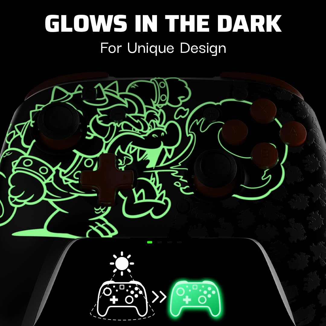PDP REMATCH GLOW Wireless Nintendo Switch Pro Controller, Full Motion Controls – Licensed for Nintendo Switch. & Lite & OLED Model, Rechargeable Battery Power, Glow in the Dark: Blackout Bowser