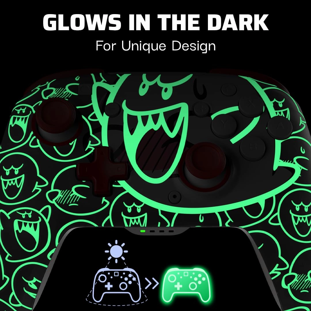 PDP REMATCH GLOW Wireless Nintendo Switch Pro Controller, Full Motion Controls – Licensed for Nintendo Switch|Switch Lite|OLED Model, Rechargeable Battery Power, Glow in the Dark: Super Mario Boo Hoo