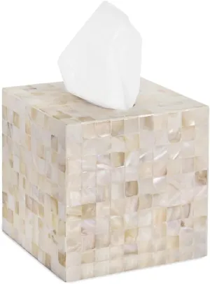 PEMAR 5.9” Cube Mother of Pearl Tissue Box Cover, Decorative Napkin Dispenser Organizer, Rustic Farmhouse Vintage Decor for Table, Kitchen, Bathroom Vanity Countertop, Office (White Sand)