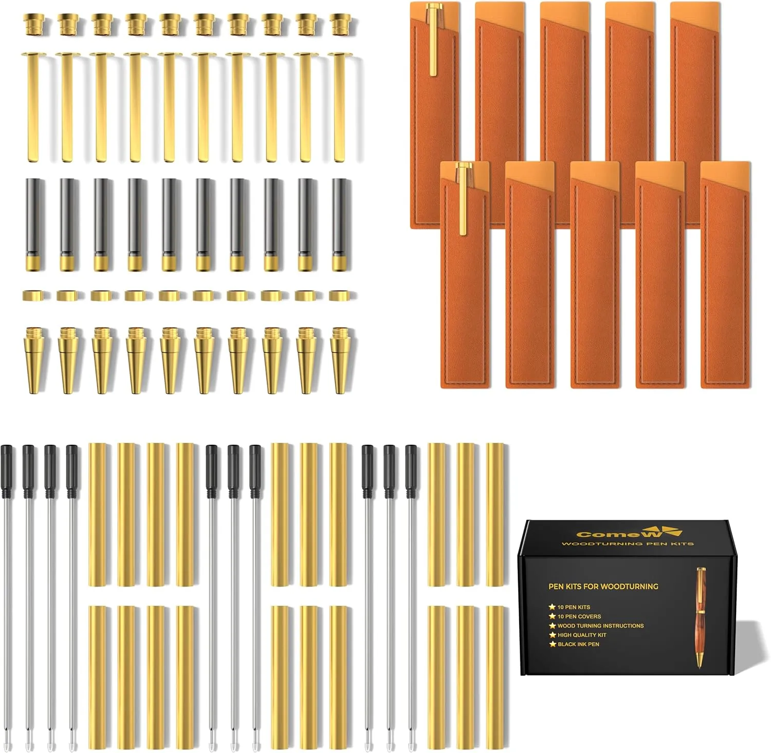 Pen Kits for Woodturning 10 Pack Premium Gold with Bonus 10 Pen Covers - Pen Making Tools with Black Ink Pen Making Kit Slimline Pen Turning Supplies Twist Pen Kit Lathe Turning Supplies for DIY Coppe
