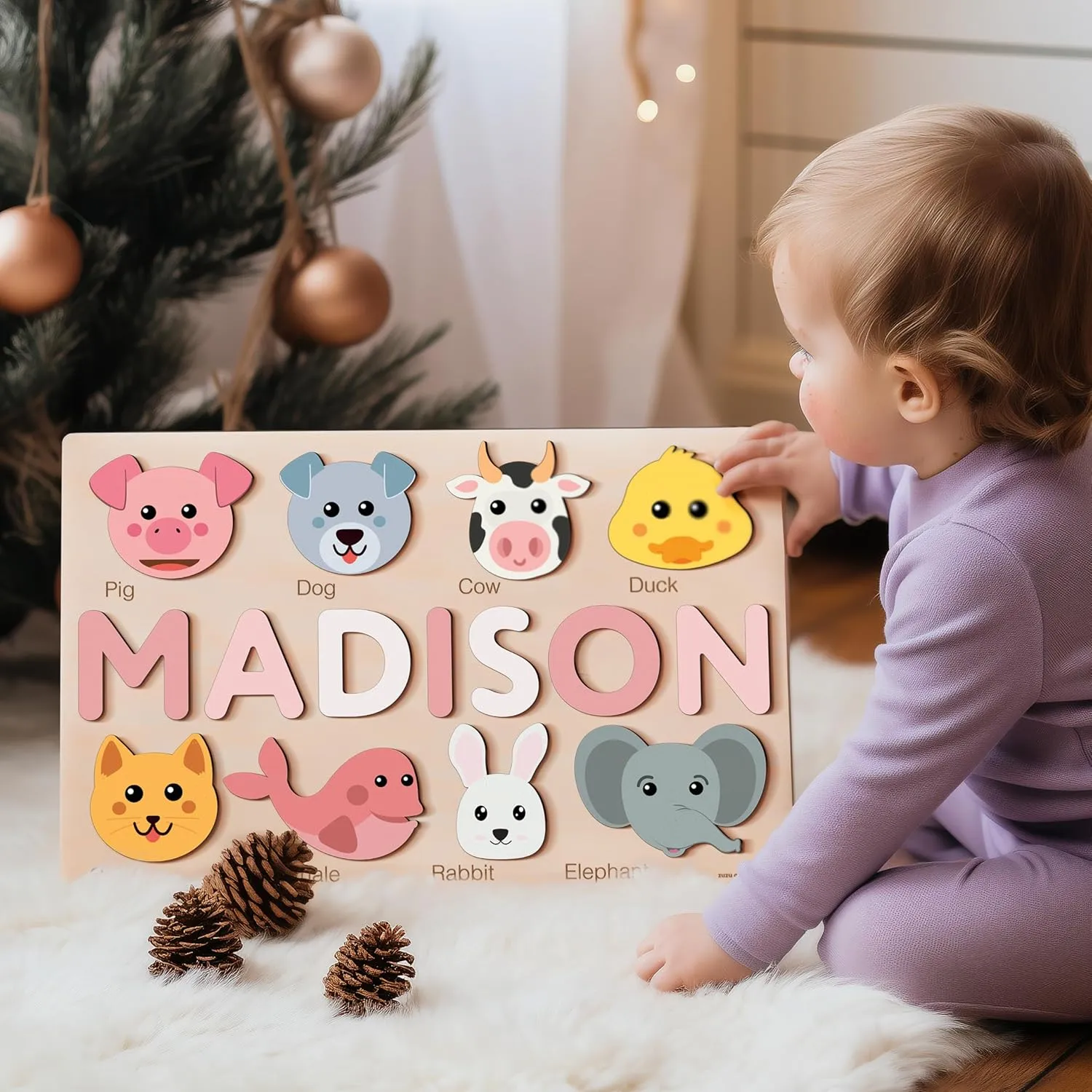 Personalize Name Puzzle for Toddlers with Animals, Baby Gift for Girls and Boys 0 1 2 3 Year Old, Personalized Puzzle for Kids, 1 Year Old Girl and Boy Kid Gifts, Customized Baby Gift, Montessori Educational Name Toy, Wood Puzzle 1-3