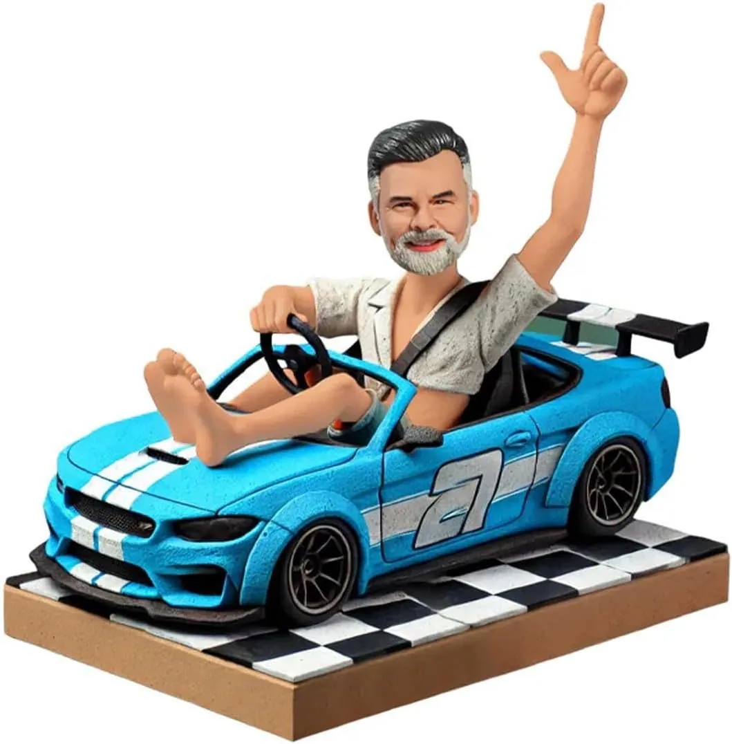 Personalized Bobbleheads from Photo, Man Driving Blue Racing Car Custom Bobbleheads Figure, Funny Keepsake Gifts