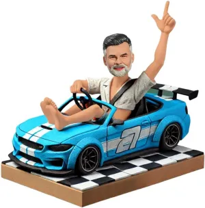 Personalized Bobbleheads from Photo, Man Driving Blue Racing Car Custom Bobbleheads Figure, Funny Keepsake Gifts