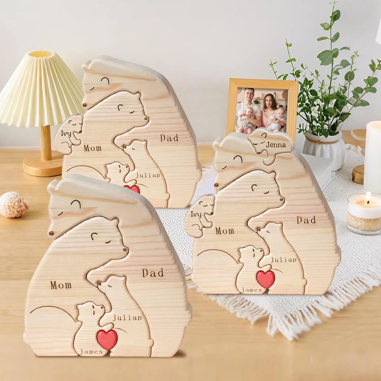 Personalized Family Wooden Bear Puzzle, Family Bears Jigsaw Puzzle with 2-9 Names Custom Puzzles, Customized Gifts for Mom Dad Grandparents, Home Decor