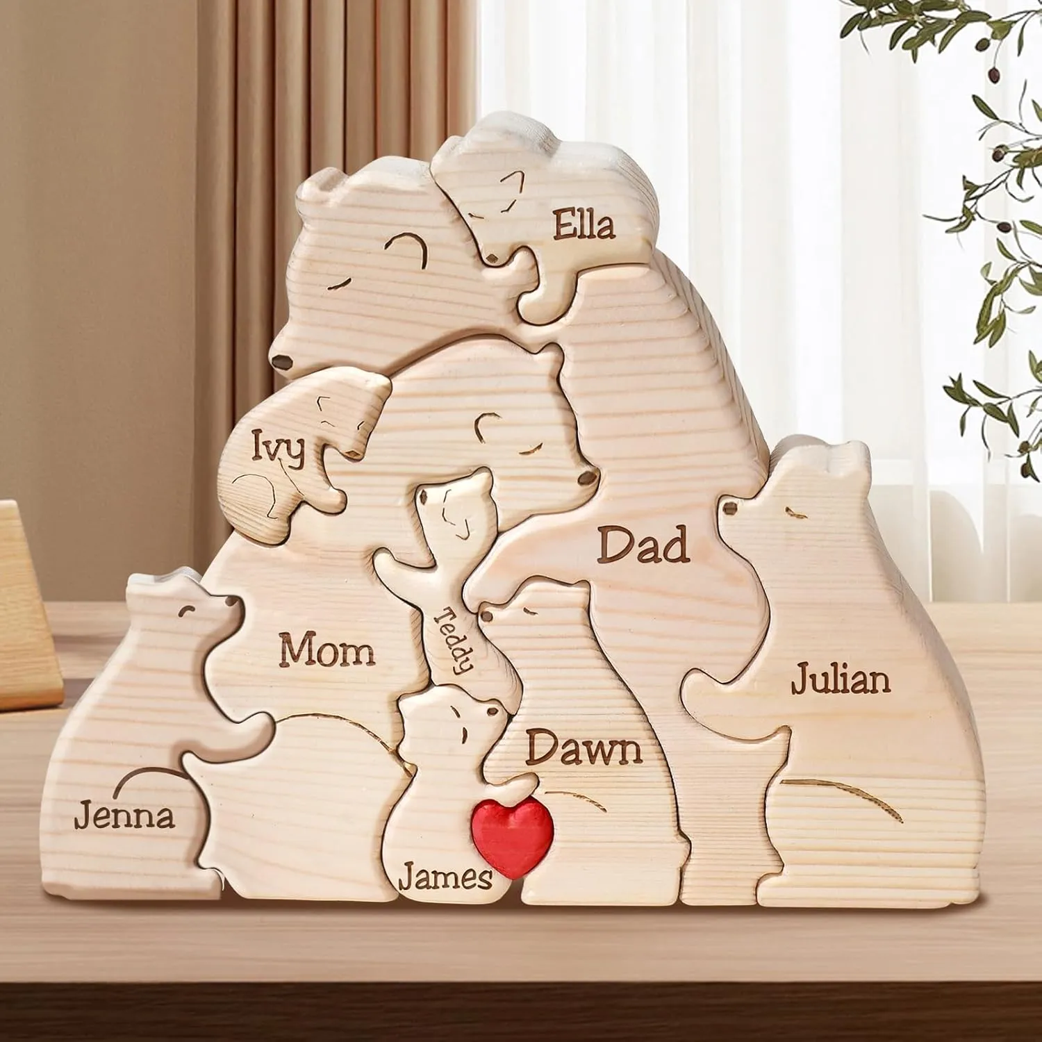 Personalized Family Wooden Bear Puzzle, Family Bears Jigsaw Puzzle with 2-9 Names Custom Puzzles, Customized Gifts for Mom Dad Grandparents, Home Decor