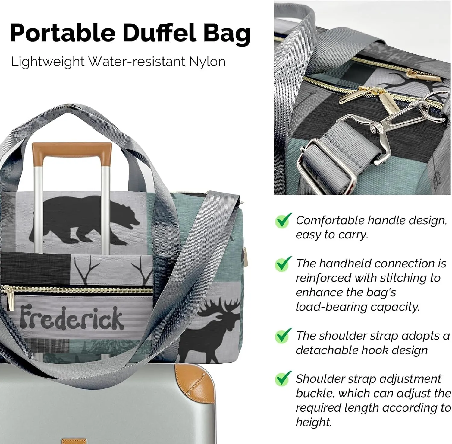 Personalized Forest Animals Bear Green Custom Multi-functional Travel Bag, Unisex Portable Duffel Bag, Short Distance Travel Assistant