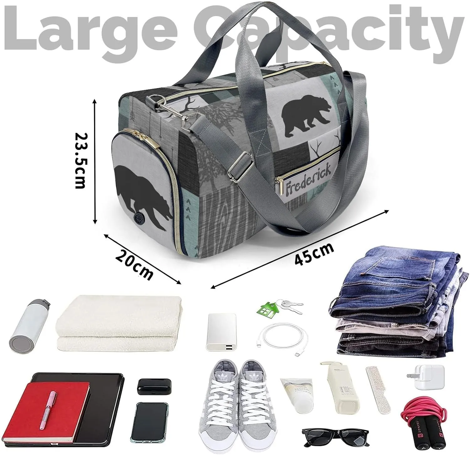 Personalized Forest Animals Bear Green Custom Multi-functional Travel Bag, Unisex Portable Duffel Bag, Short Distance Travel Assistant