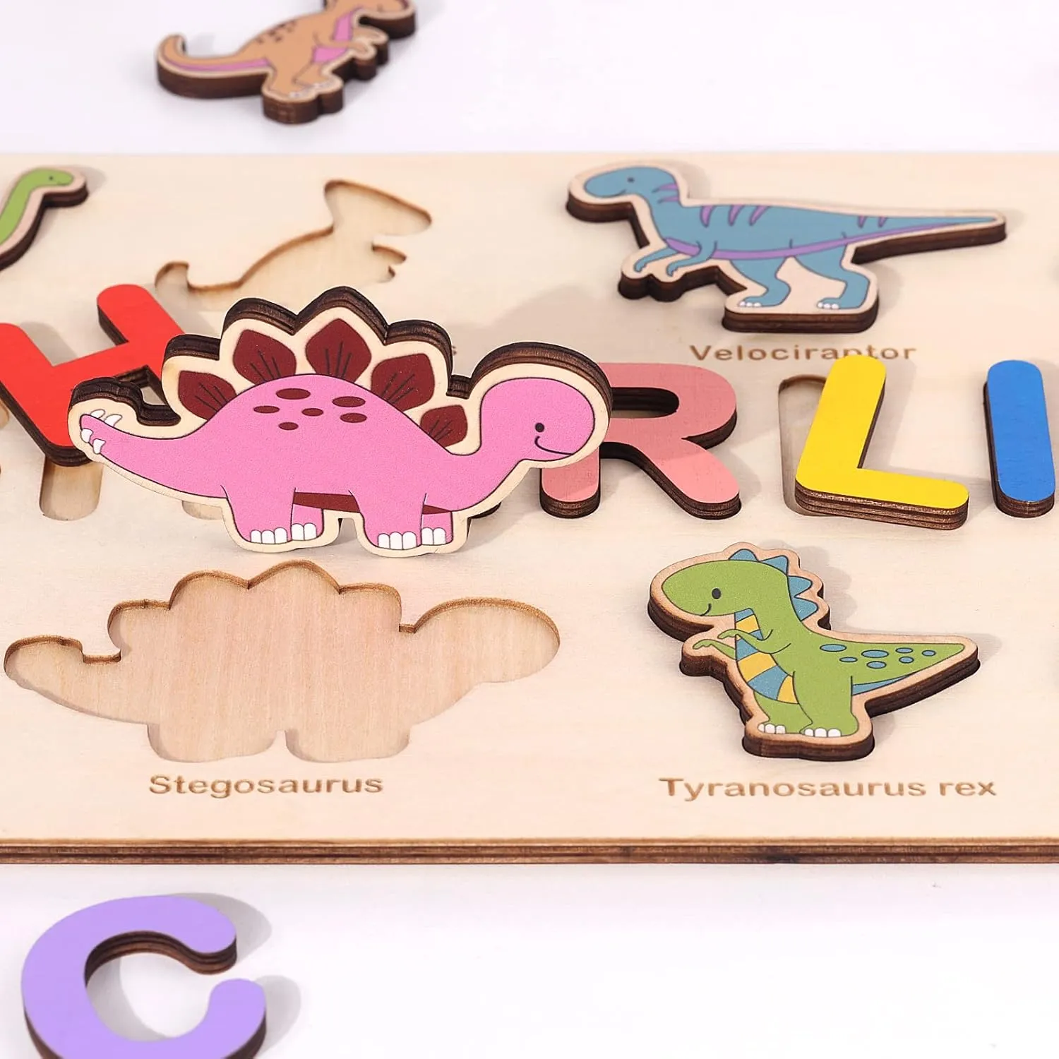 Personalized Name Puzzle with 8 Dinosaur Custom Wooden Baby Toddler Name Puzzles Within 9 Letters for Kid Preschool Pegged Puzzles Toys Easter Christmas Birthday Gift