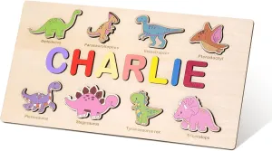 Personalized Name Puzzle with 8 Dinosaur Custom Wooden Baby Toddler Name Puzzles Within 9 Letters for Kid Preschool Pegged Puzzles Toys Easter Christmas Birthday Gift