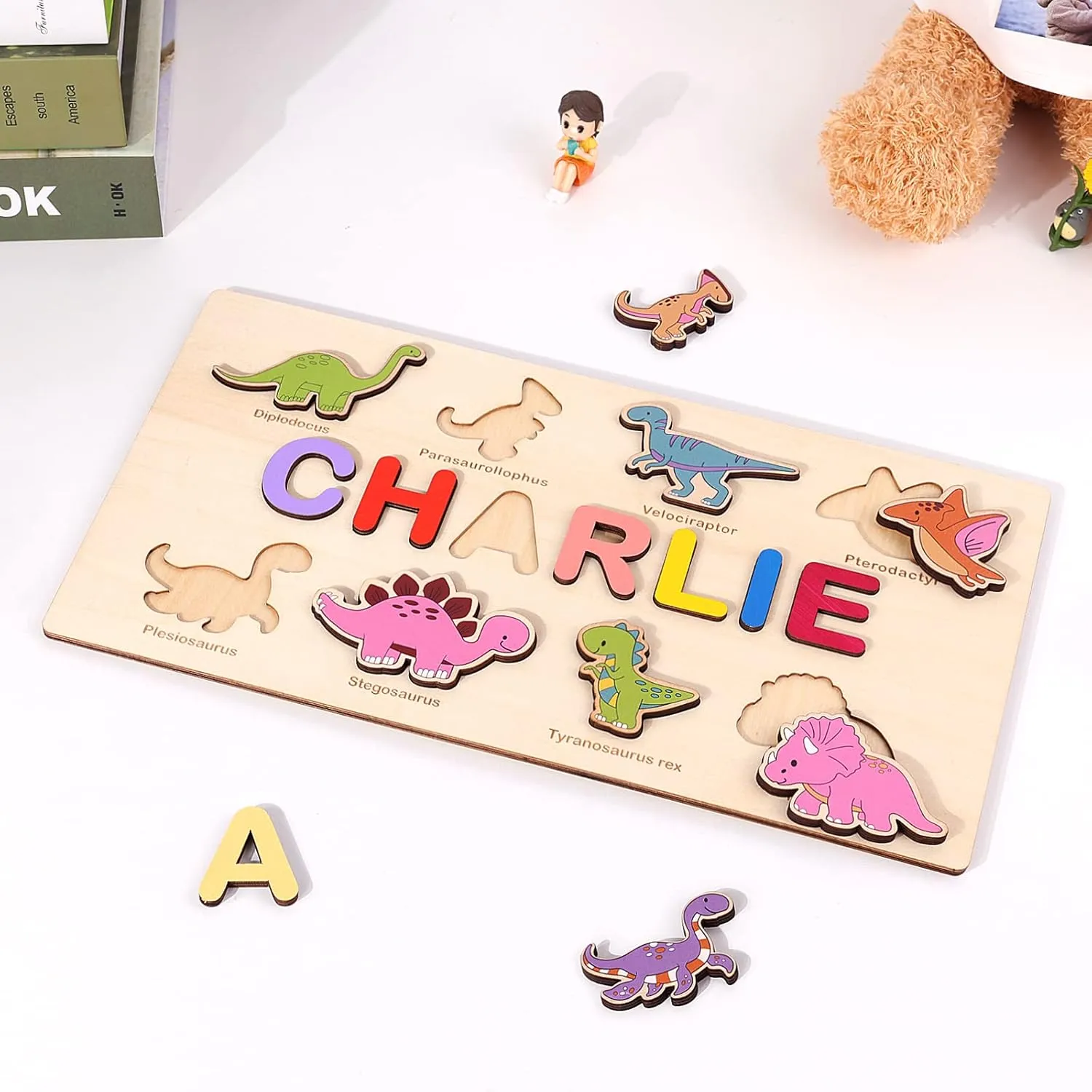 Personalized Name Puzzle with 8 Dinosaur Custom Wooden Baby Toddler Name Puzzles Within 9 Letters for Kid Preschool Pegged Puzzles Toys Easter Christmas Birthday Gift