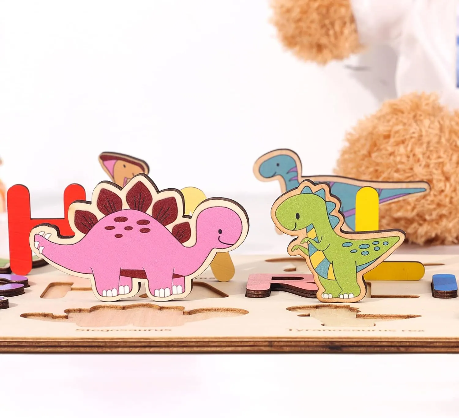 Personalized Name Puzzle with 8 Dinosaur Custom Wooden Baby Toddler Name Puzzles Within 9 Letters for Kid Preschool Pegged Puzzles Toys Easter Christmas Birthday Gift