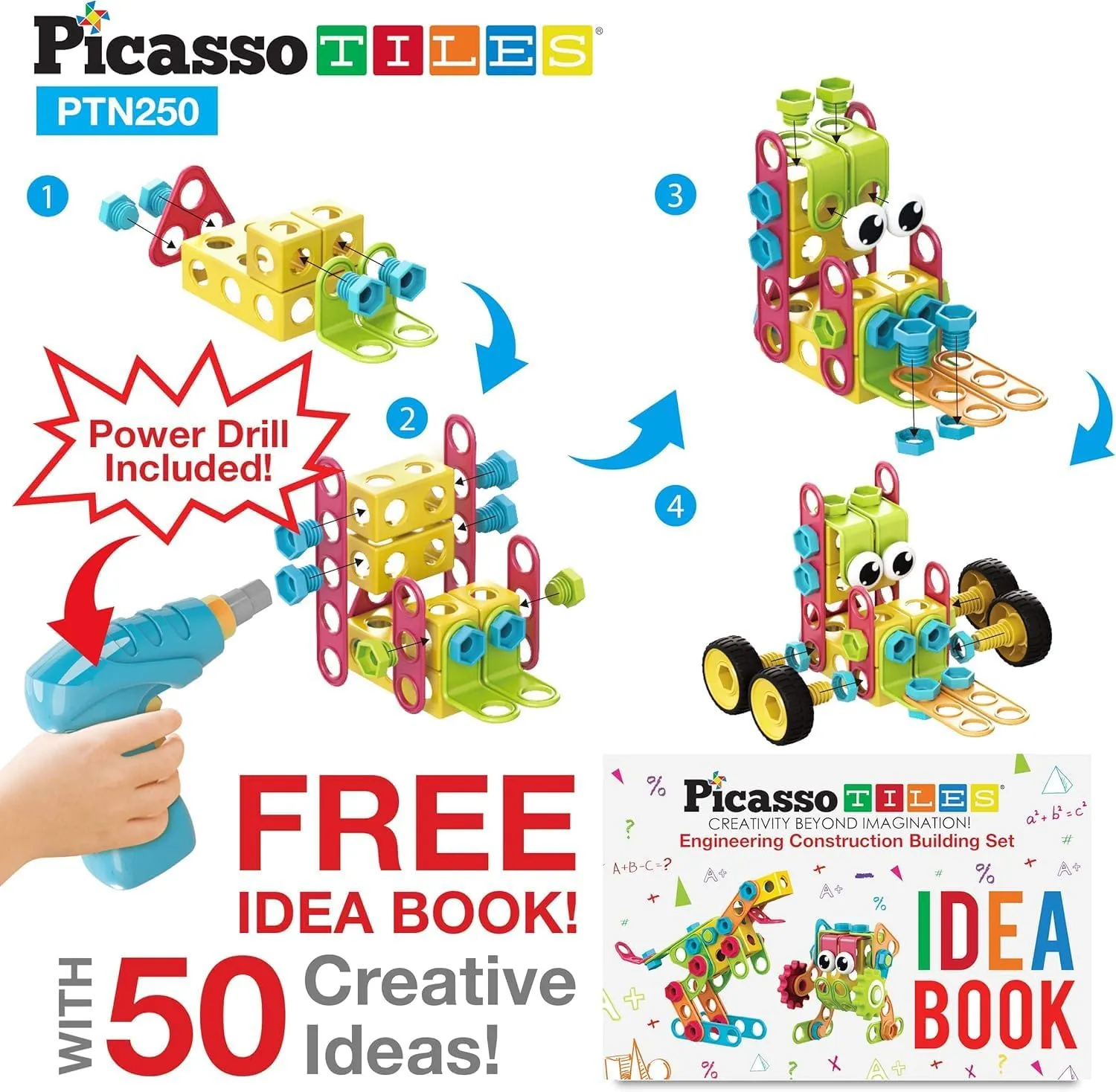 PicassoTiles STEM Learning Toys 250 Piece Building Block Kids Construction Engineering Kit Toy Blocks Children Early Education Playset w/Free IdeaBook, Power Drill, Clickable Ratchet, Age 3  PTN250