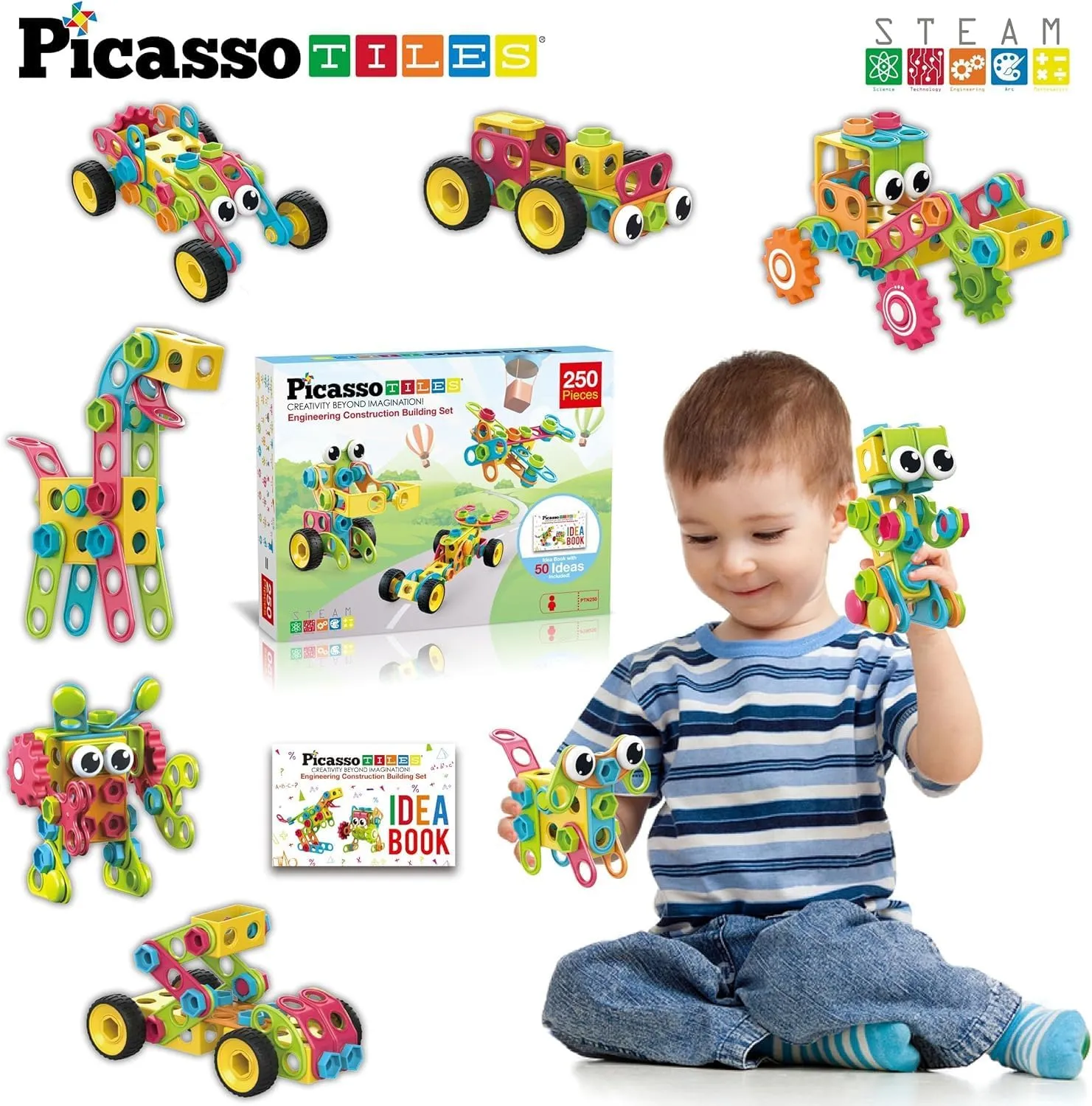 PicassoTiles STEM Learning Toys 250 Piece Building Block Kids Construction Engineering Kit Toy Blocks Children Early Education Playset w/Free IdeaBook, Power Drill, Clickable Ratchet, Age 3  PTN250