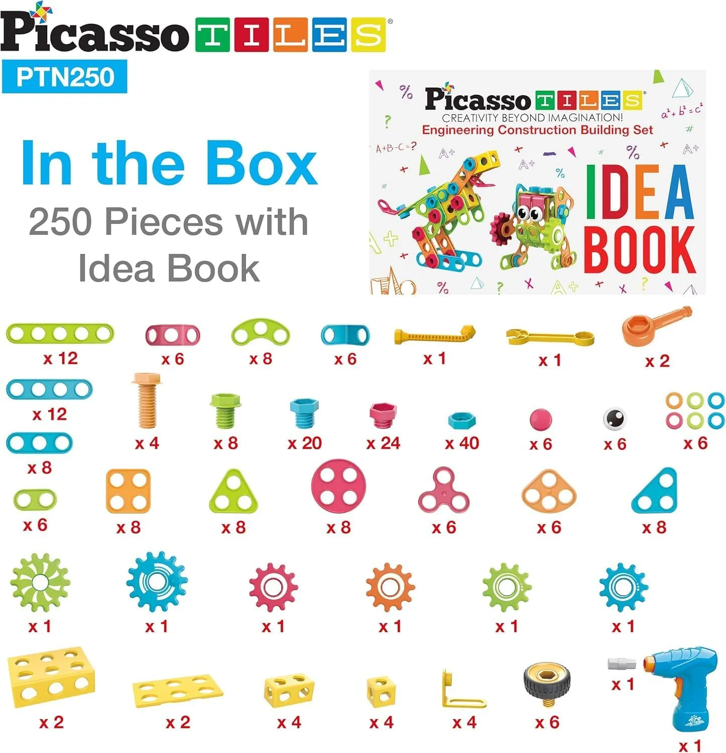 PicassoTiles STEM Learning Toys 250 Piece Building Block Kids Construction Engineering Kit Toy Blocks Children Early Education Playset w/Free IdeaBook, Power Drill, Clickable Ratchet, Age 3  PTN250