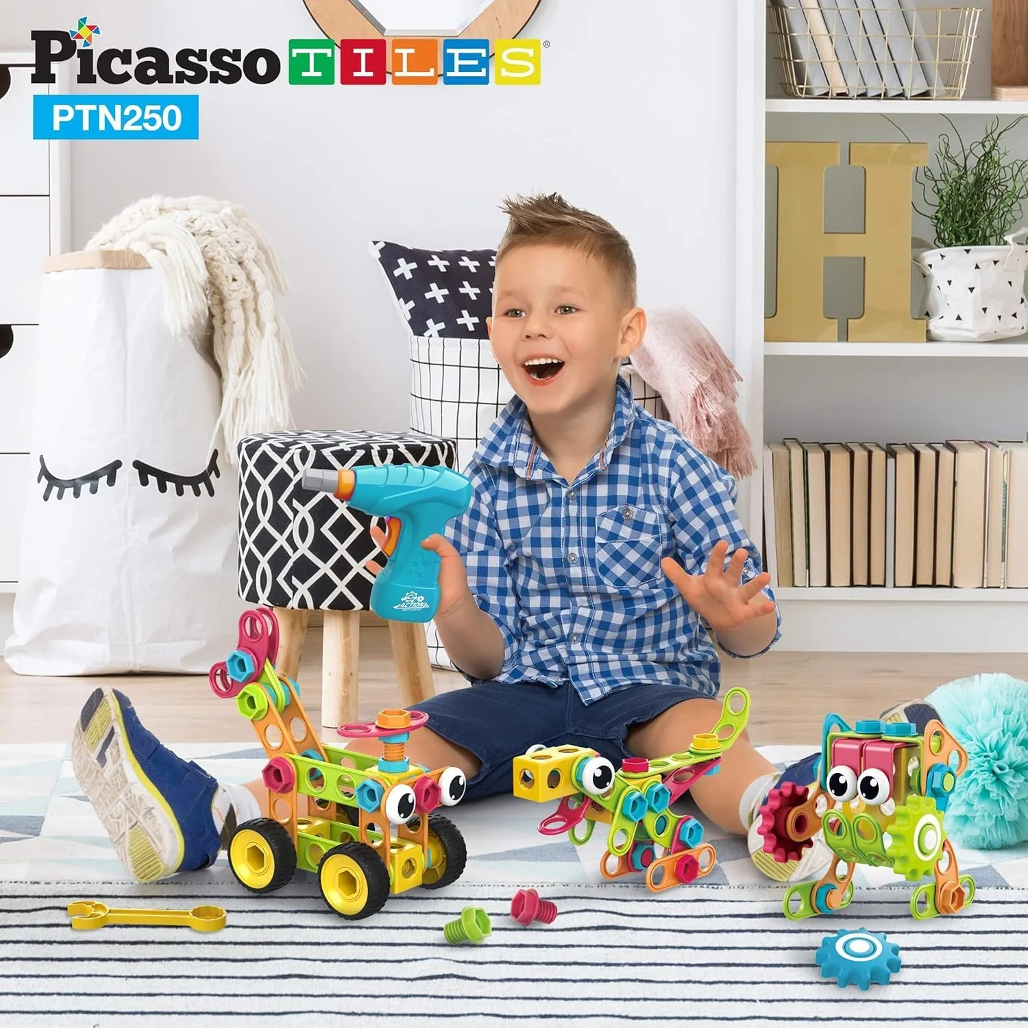 PicassoTiles STEM Learning Toys 250 Piece Building Block Kids Construction Engineering Kit Toy Blocks Children Early Education Playset w/Free IdeaBook, Power Drill, Clickable Ratchet, Age 3  PTN250