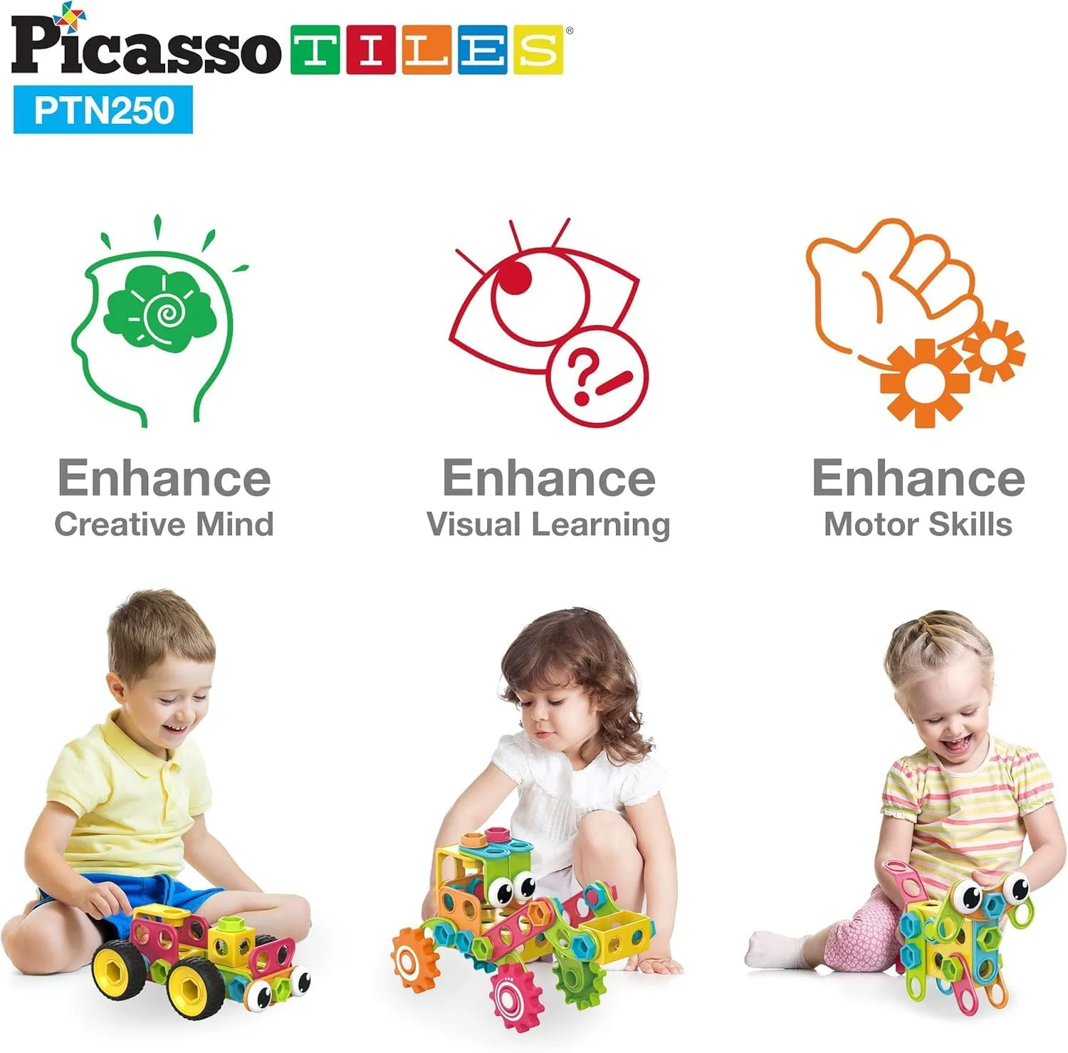 PicassoTiles STEM Learning Toys 250 Piece Building Block Kids Construction Engineering Kit Toy Blocks Children Early Education Playset w/Free IdeaBook, Power Drill, Clickable Ratchet, Age 3  PTN250
