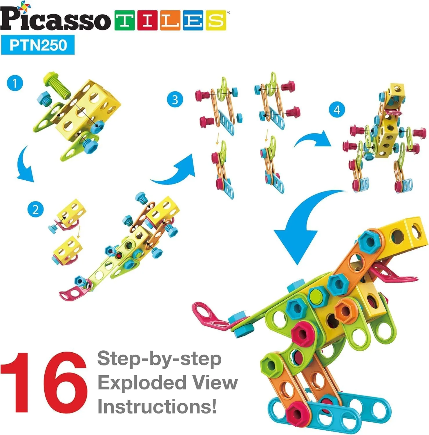 PicassoTiles STEM Learning Toys 250 Piece Building Block Kids Construction Engineering Kit Toy Blocks Children Early Education Playset w/Free IdeaBook, Power Drill, Clickable Ratchet, Age 3  PTN250