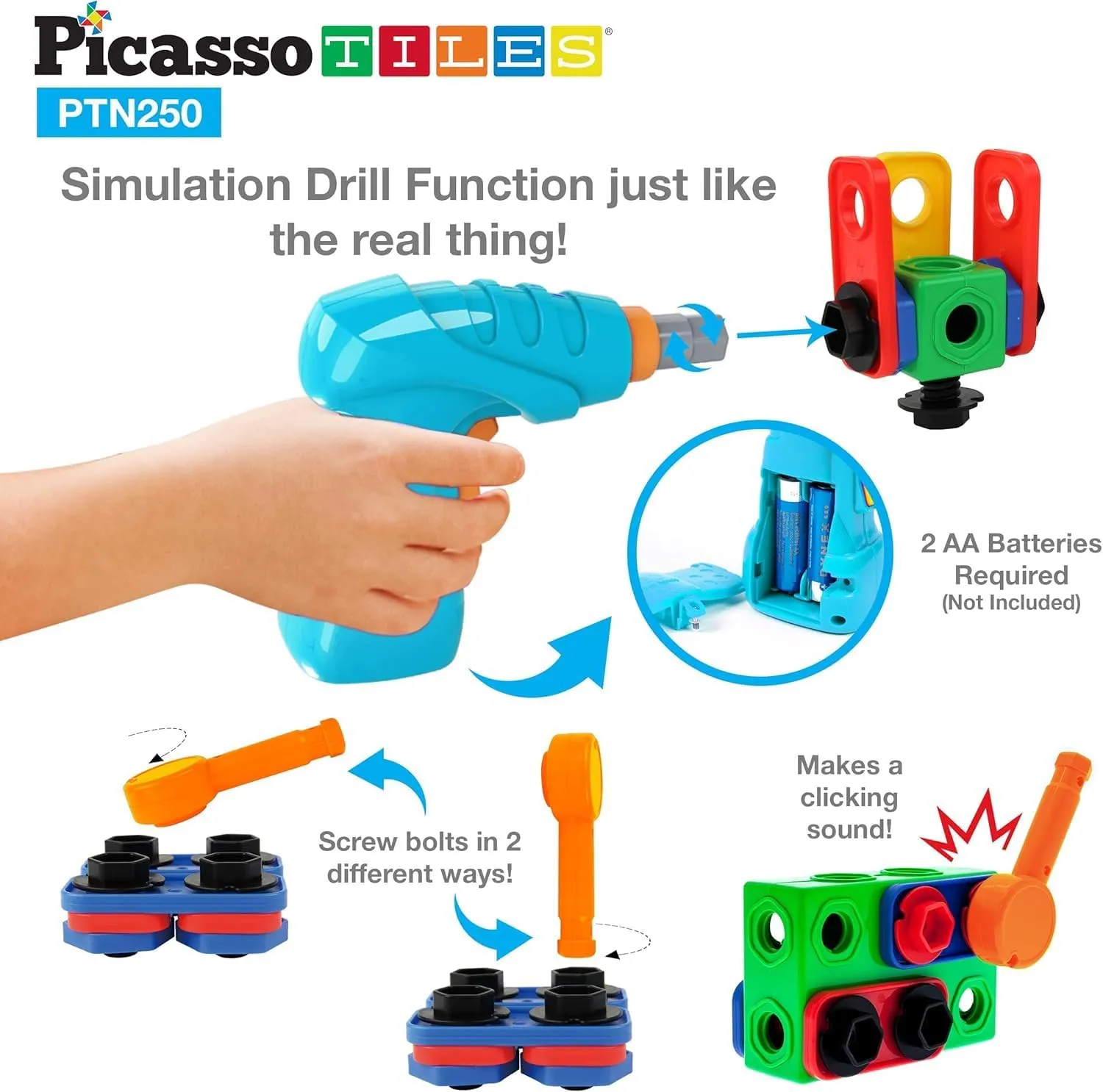 PicassoTiles STEM Learning Toys 250 Piece Building Block Kids Construction Engineering Kit Toy Blocks Children Early Education Playset w/Free IdeaBook, Power Drill, Clickable Ratchet, Age 3  PTN250