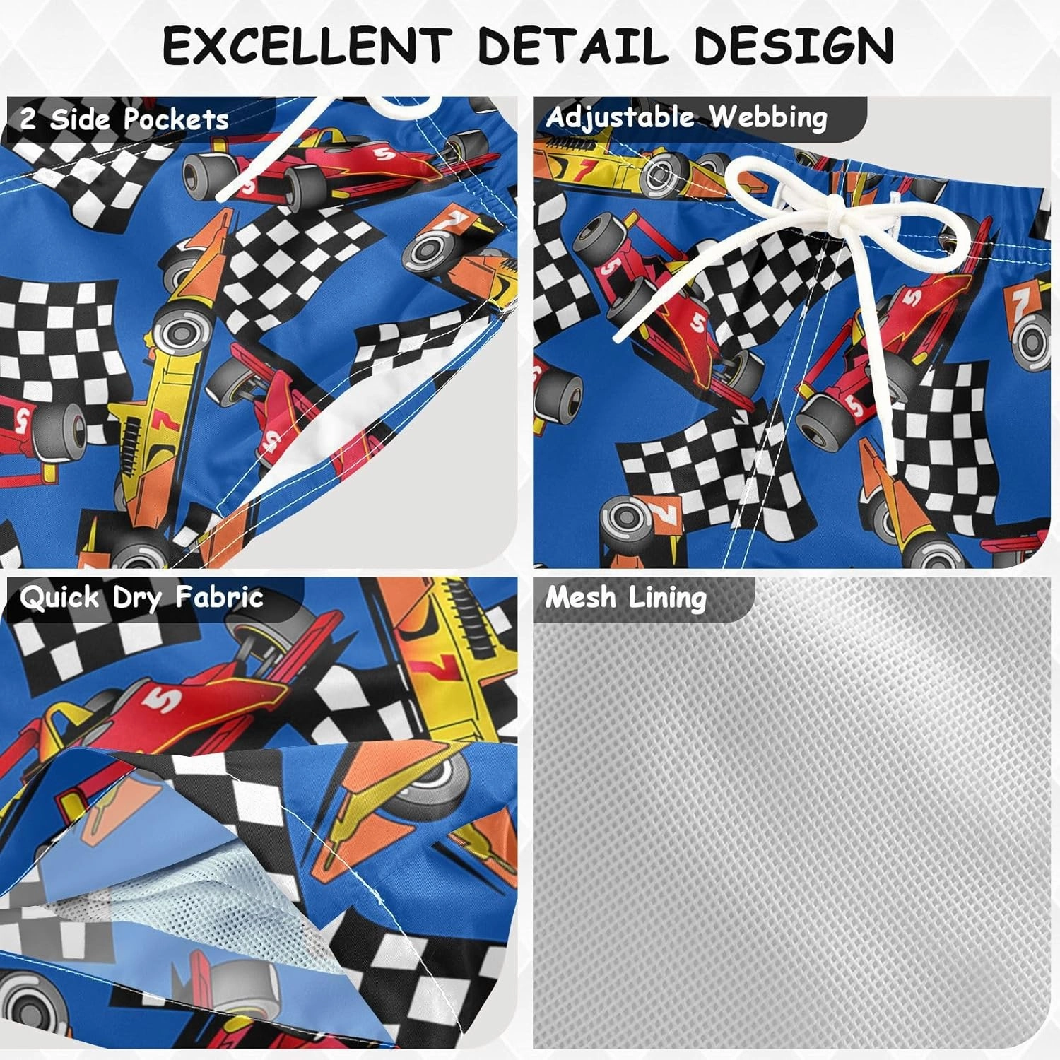 Pigsaly Racing Cars Boys Swim Trunks Race Car Flag Toddler Beach Board Shorts Bathing Suit 2T