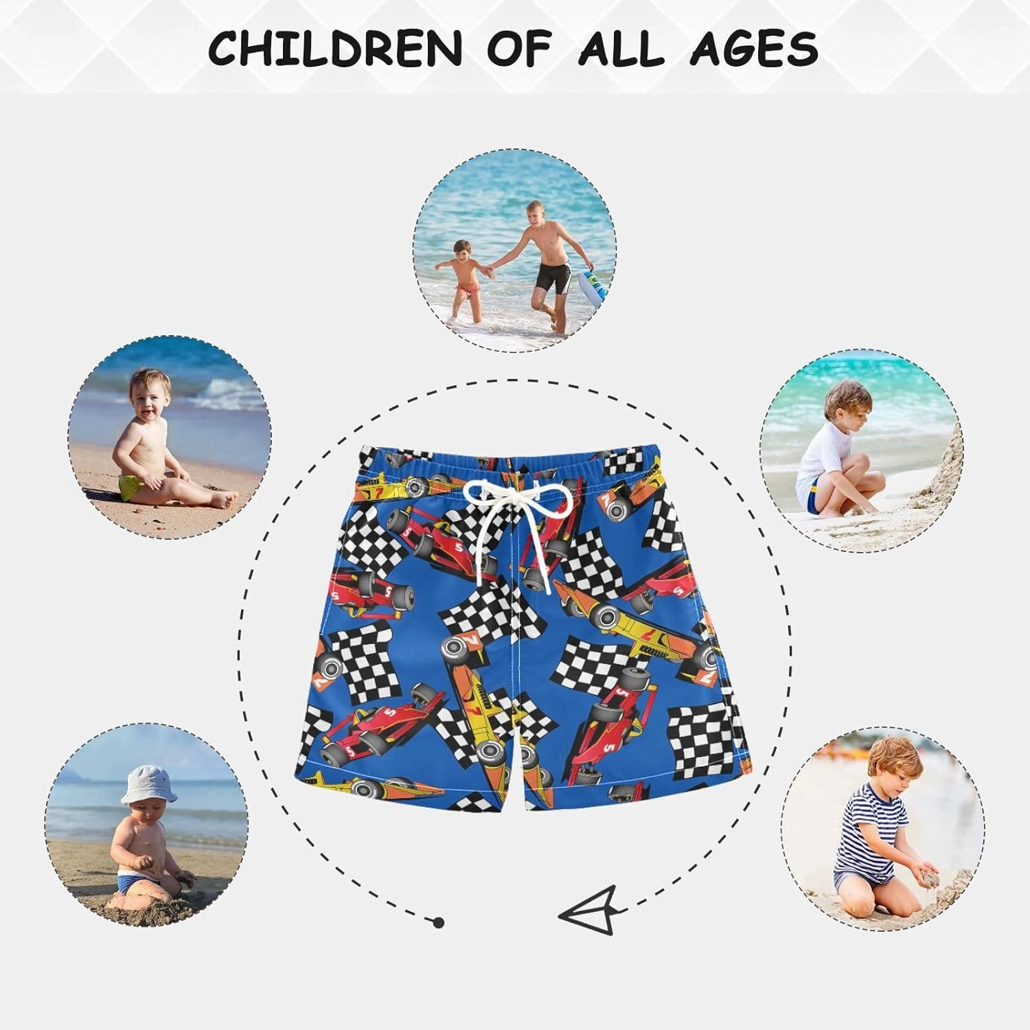 Pigsaly Racing Cars Boys Swim Trunks Race Car Flag Toddler Beach Board Shorts Bathing Suit 2T