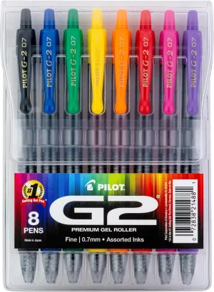 PILOT, G2 Premium Gel Roller Pens, G2 Rainbow Colors Pack, 8 Pack Pouch, Fine Point 0.7 mm, Assorted