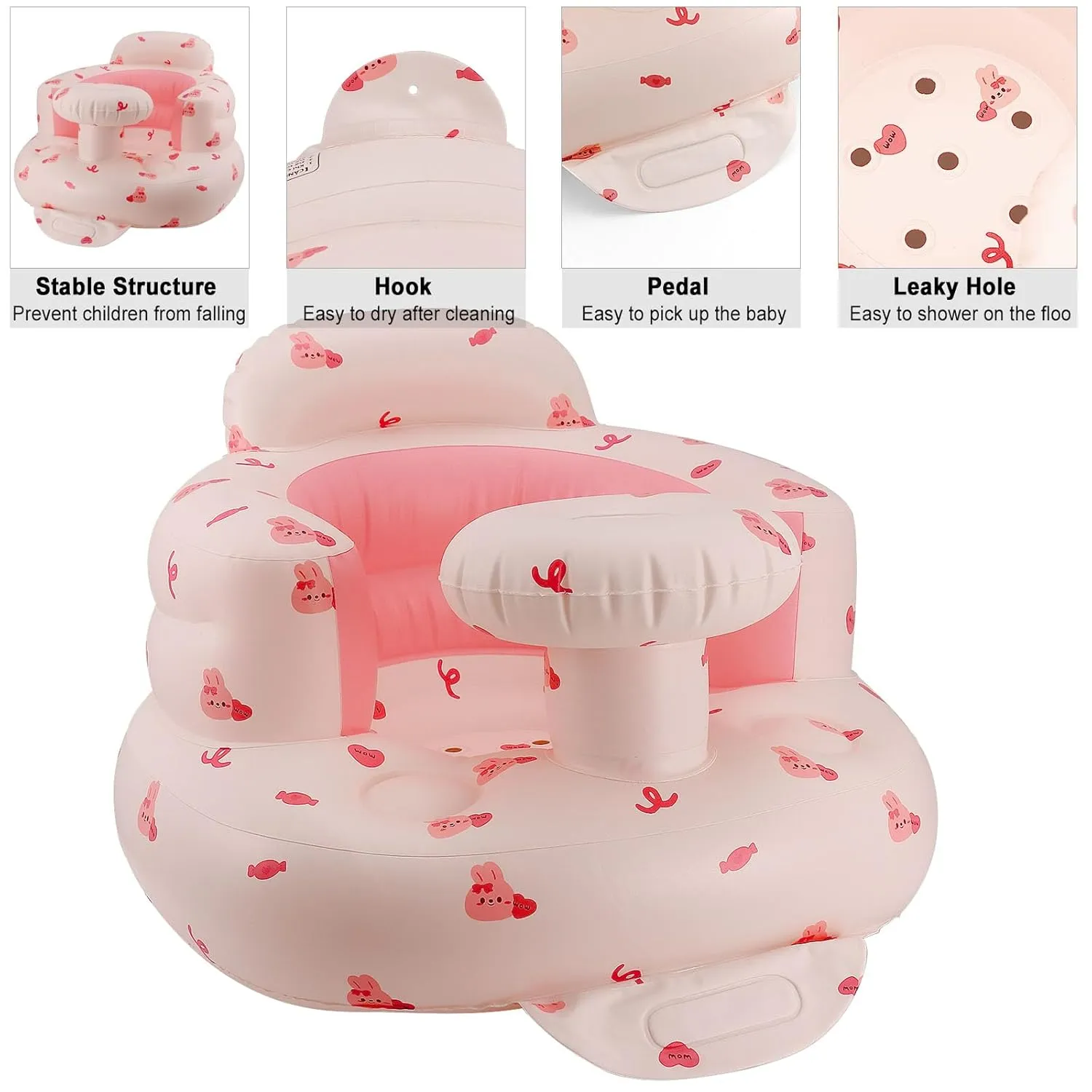 Pink Baby Inflatable Seat for 3-36 Months Girl, Built-in Air Pump, Bear Baby Support Seat Summer Toddler Chair for Sitting Up, Floor Seater