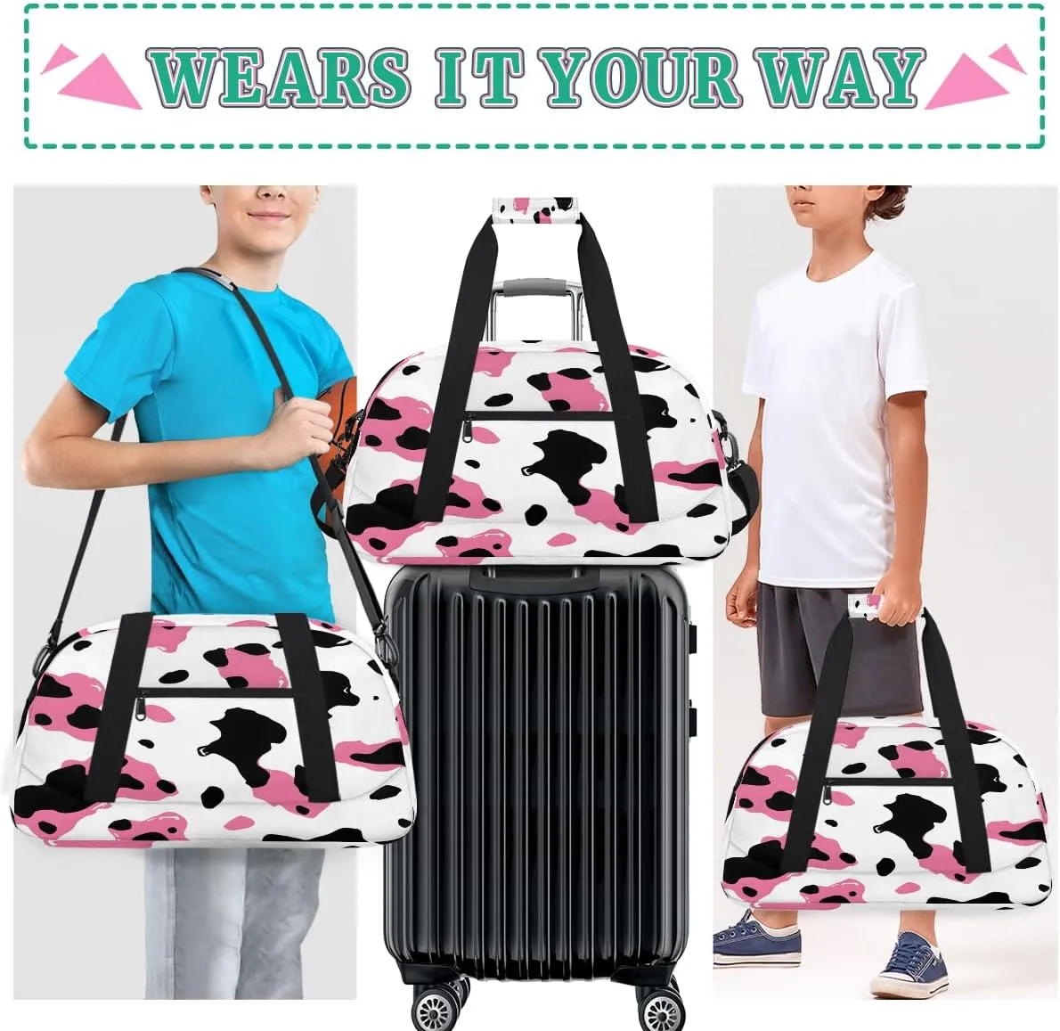 Pink Cow Kids Overnighter Duffel Bags for Boys, Carry-On Size Sports Gym Bag with Front Zipper Pocket for School Practice or Overnight Travel Weekender Sleepover Tote Bag