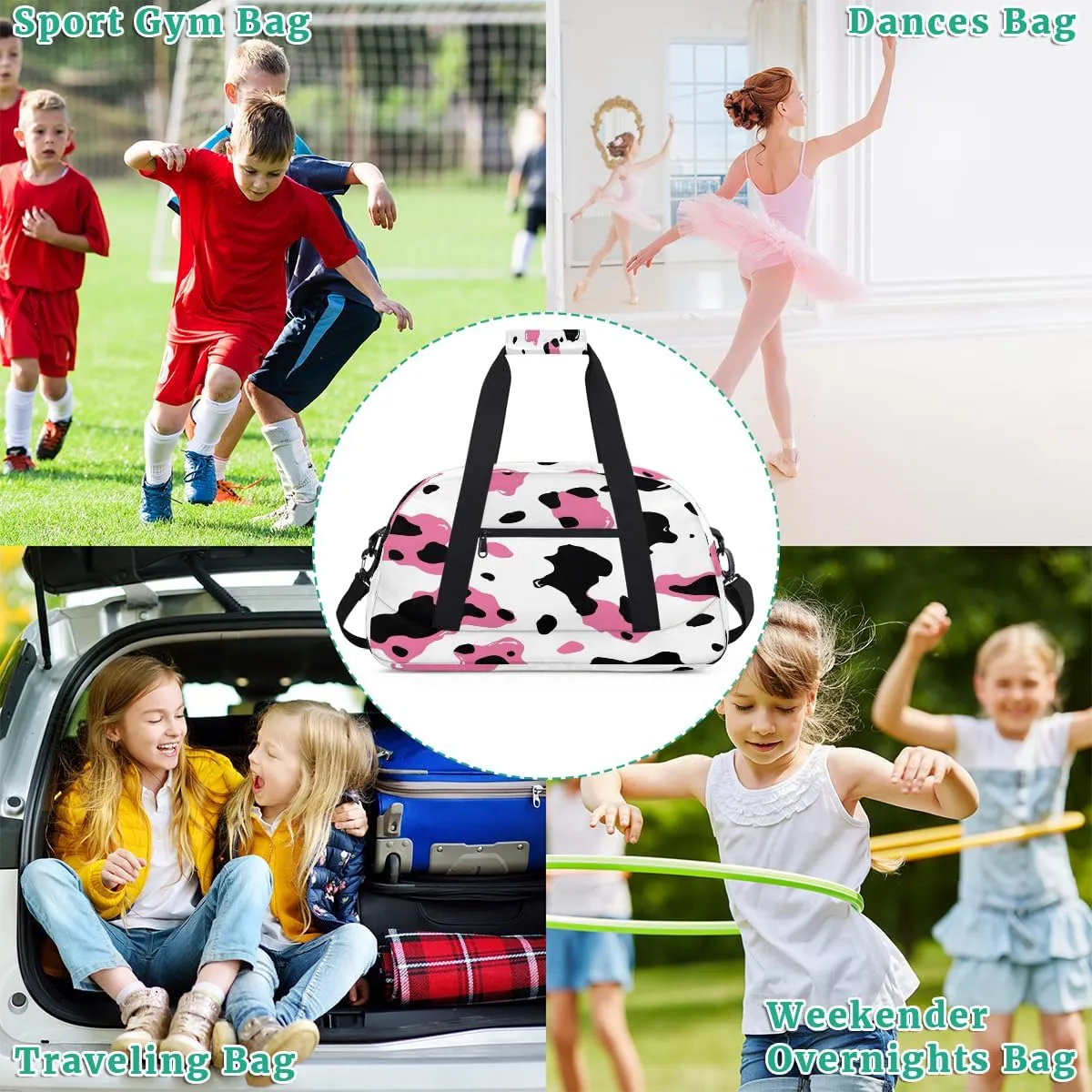 Pink Cow Kids Overnighter Duffel Bags for Boys, Carry-On Size Sports Gym Bag with Front Zipper Pocket for School Practice or Overnight Travel Weekender Sleepover Tote Bag