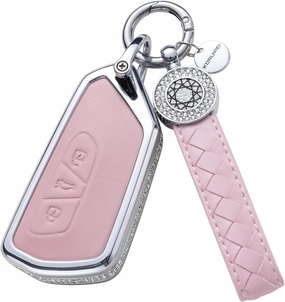 Pink Genuine Leather Crystal Key Fob Cover with Keychain for VW ID3 ID4 MK8 Golf 8 GTI Skoda Octavia Keyless Entry Key Fob