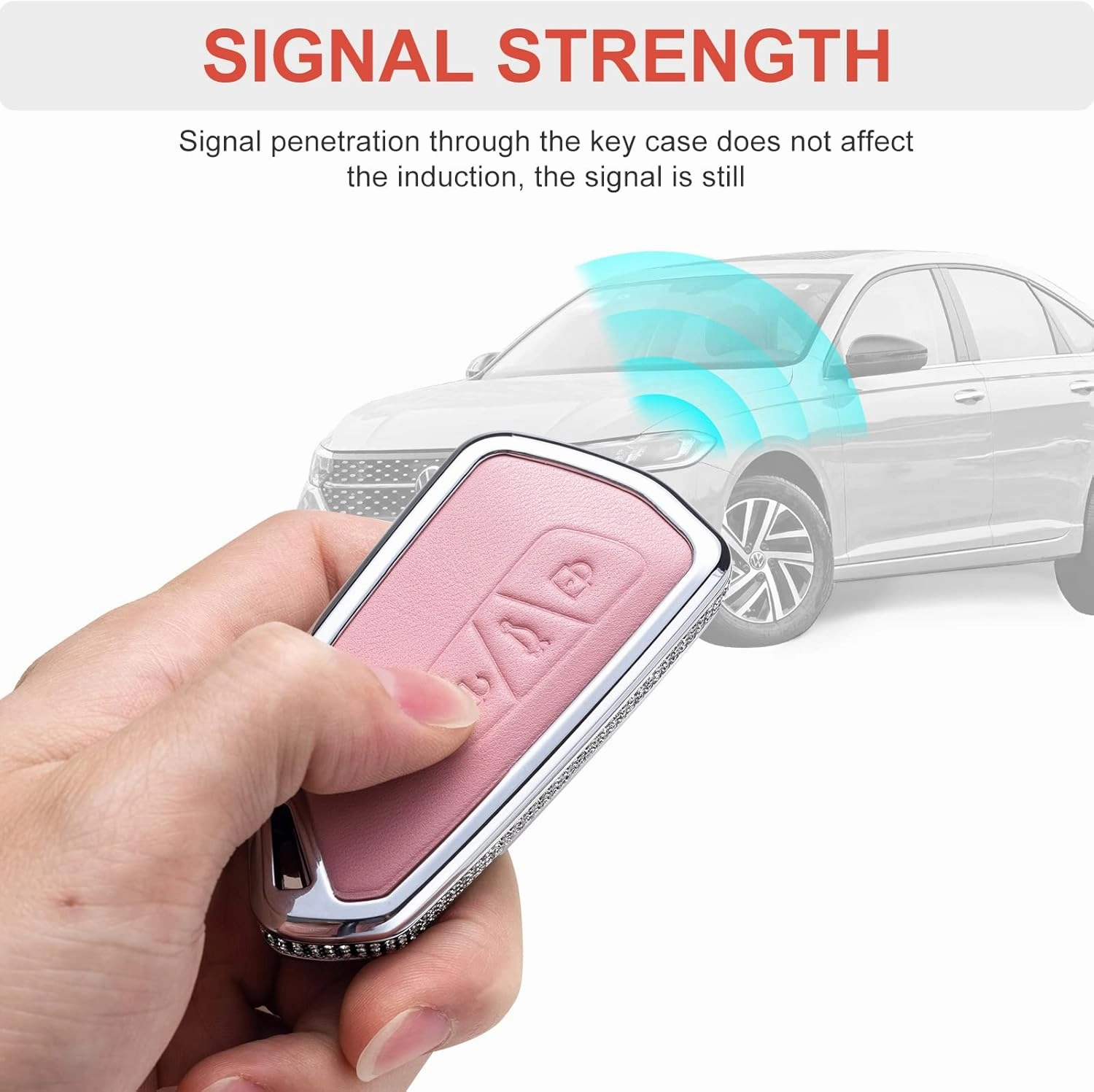 Pink Genuine Leather Crystal Key Fob Cover with Keychain for VW ID3 ID4 MK8 Golf 8 GTI Skoda Octavia Keyless Entry Key Fob