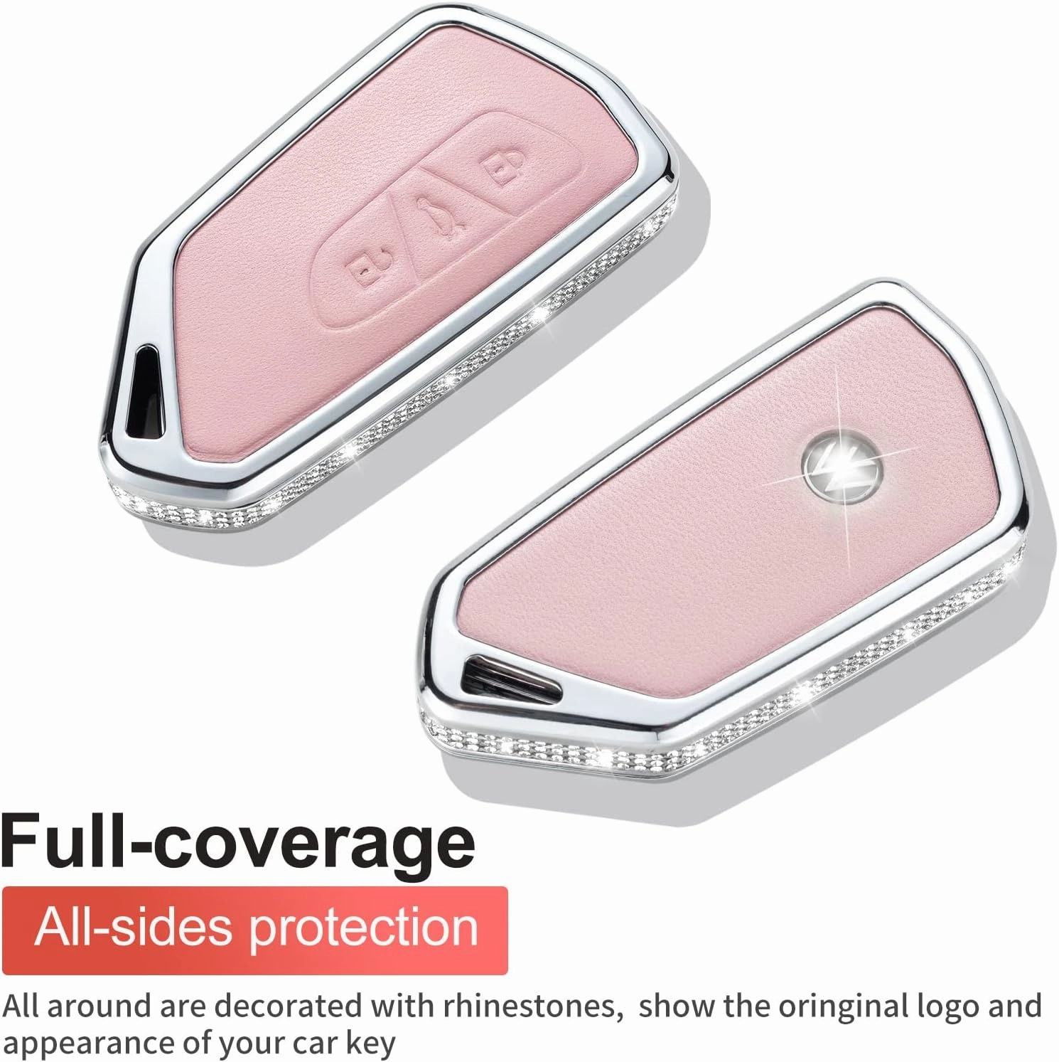 Pink Genuine Leather Crystal Key Fob Cover with Keychain for VW ID3 ID4 MK8 Golf 8 GTI Skoda Octavia Keyless Entry Key Fob
