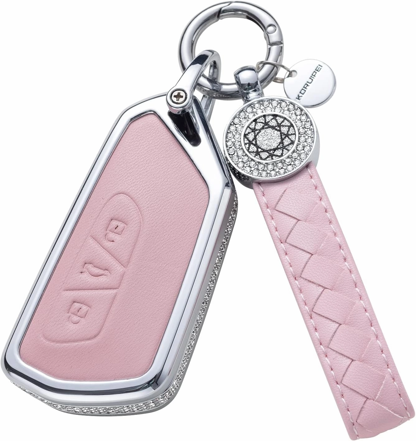 Pink Genuine Leather Crystal Key Fob Cover with Keychain for VW ID3 ID4 MK8 Golf 8 GTI Skoda Octavia Keyless Entry Key Fob