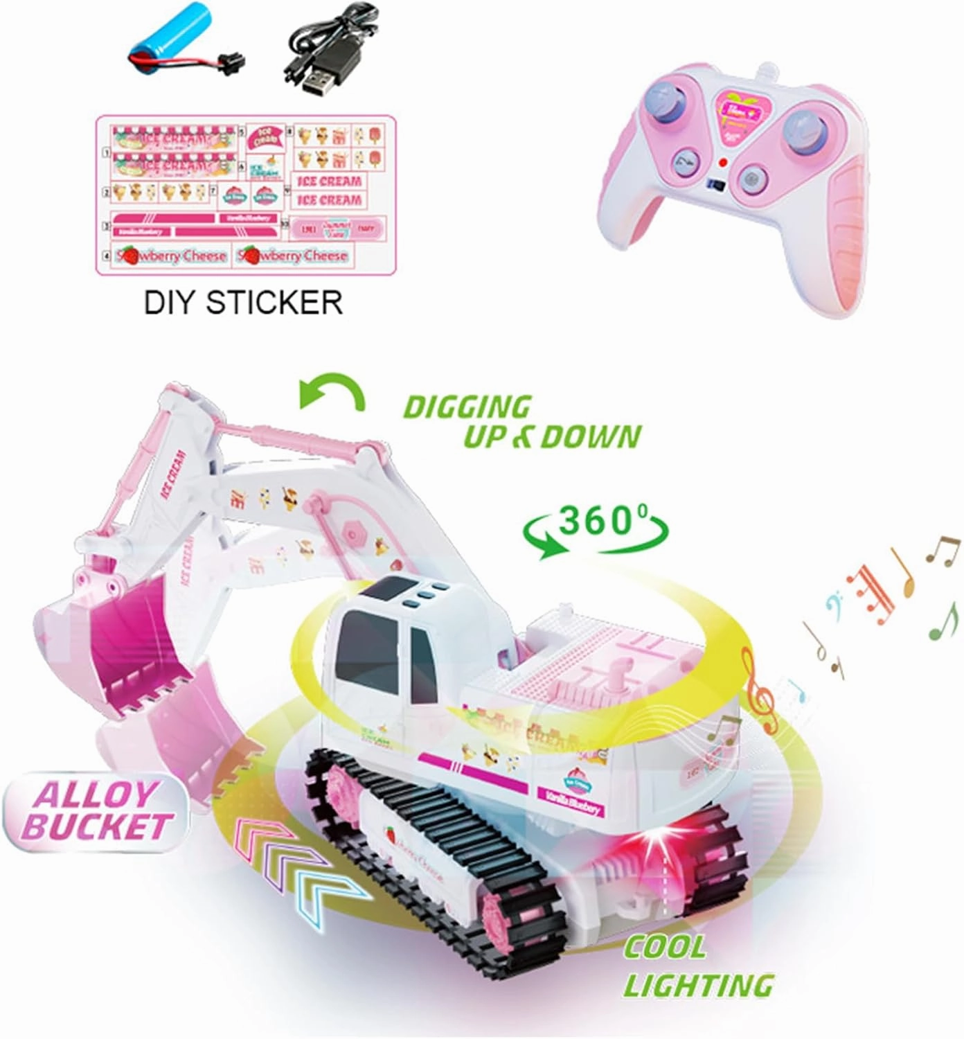 Pink RC Excavator, 6 Channel 2.4Ghz RC Construction Vehicle,1:24 Scale Pink Excavator Toy with 360° Rotation, Light Sound and DIY Stickers Birthday Gift for 4-12 Girls Kids