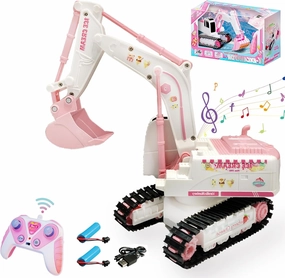 Pink RC Excavator, 6 Channel 2.4Ghz RC Construction Vehicle,1:24 Scale Pink Excavator Toy with 360° Rotation, Light Sound and DIY Stickers Birthday Gift for 4-12 Girls Kids